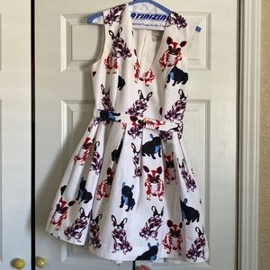 Anthropologie French Bulldog Dog fit & Flare Dress with Belt Size 4